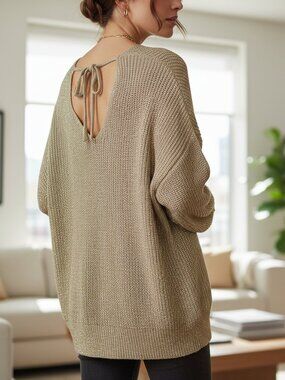 NEW Loft 16/18W Gold Beige Shimmer Tie Back Sweater Glam Party Neutral Cottage